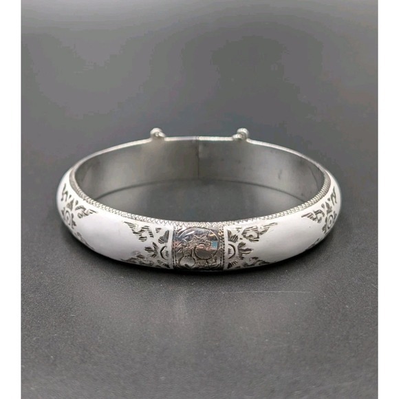 Siam Vtg Sterling Silver White Enamel Hinged Bangle Safety Chain Bracelet - 7.5" - Picture 2 of 11